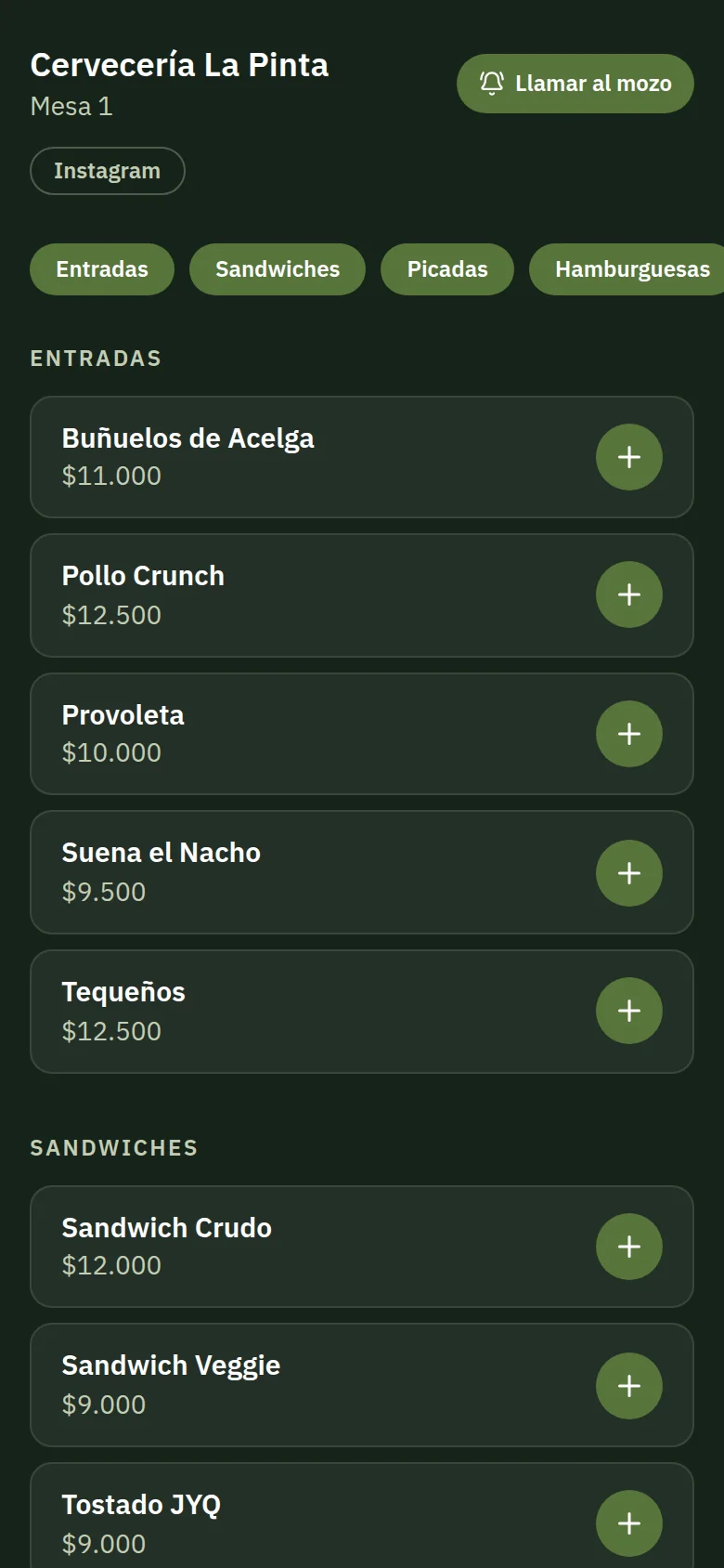 Carta de una cervecería vista desde el celular de un cliente, escaneando el QR de la mesa