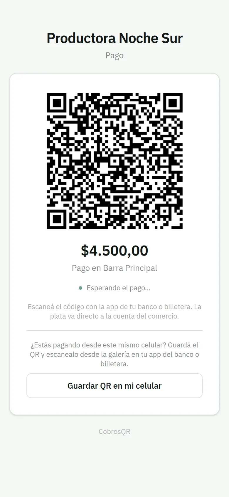 Pantalla de pago desde el celular al escanear el QR fijo de una barra, con el QR generado por $4.500